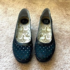 Fly London leather yika laser cut wedge shoes